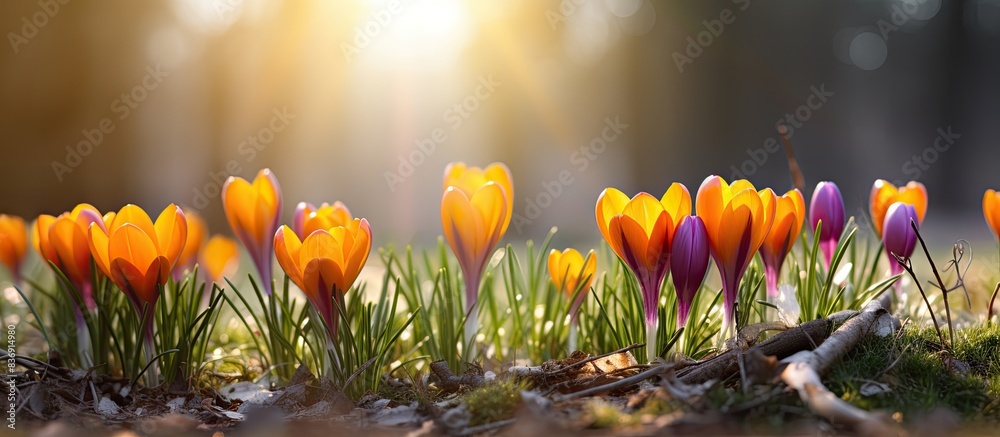 Poster the garden showcases vibrant yellow crocus or saffron buds blooming under the spring sun, adding a t