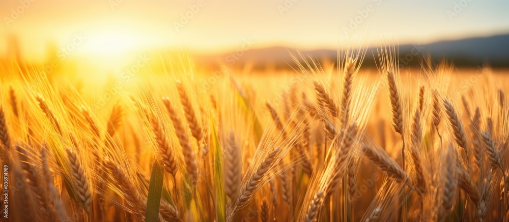 Poster sunset illuminating young wheat field with a peaceful ambiance, suitable for a copy space image.
