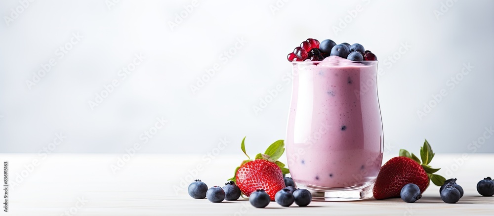 Poster homemade blueberry yogurt shake dessert in a glass on a white table background with copy space image