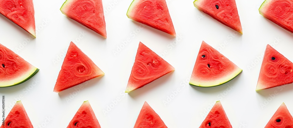 Poster Ripe watermelon slices on a white backdrop in a top-down flat lay view, suitable for use as a banner with copy space image.