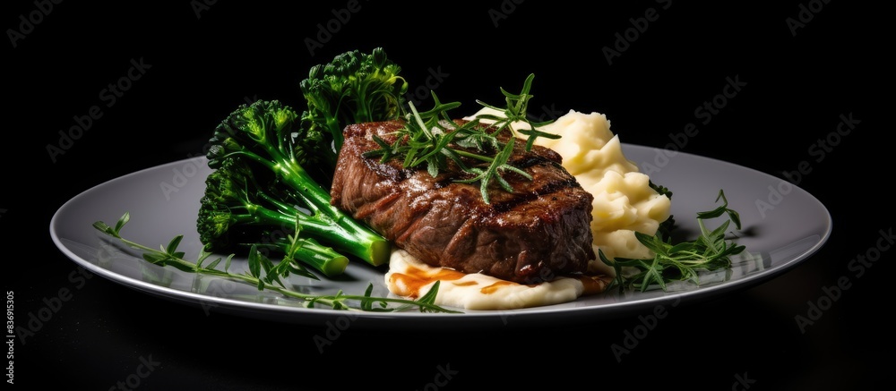 Poster beef steak and mashed potatoes with greens on a white plate against a black background, creating a b