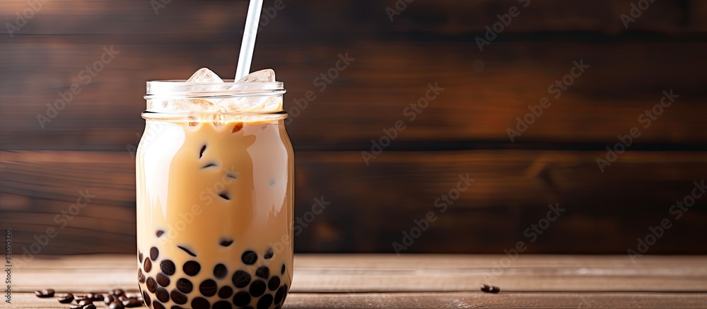 Poster Bubble tea in a mason jar with tapioca pearls, presenting a delightful homemade drink in a rustic setting with copy space image.