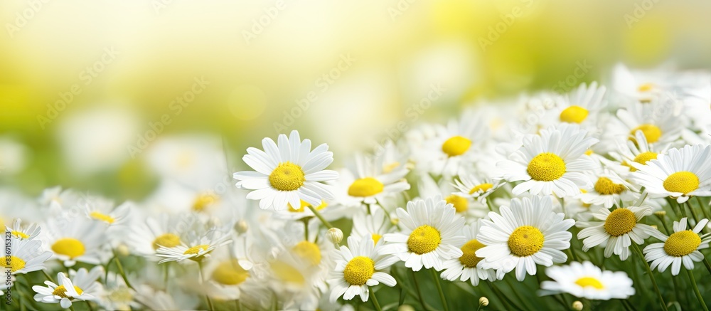 Poster close-up of chamomile flowers blooming in the garden with a clear view of the medicinal properties, 