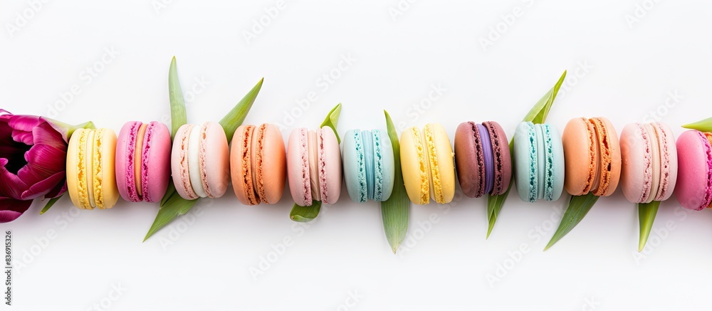 Poster tulips surrounding classic macaroons on a white backdrop, providing a copy space image.