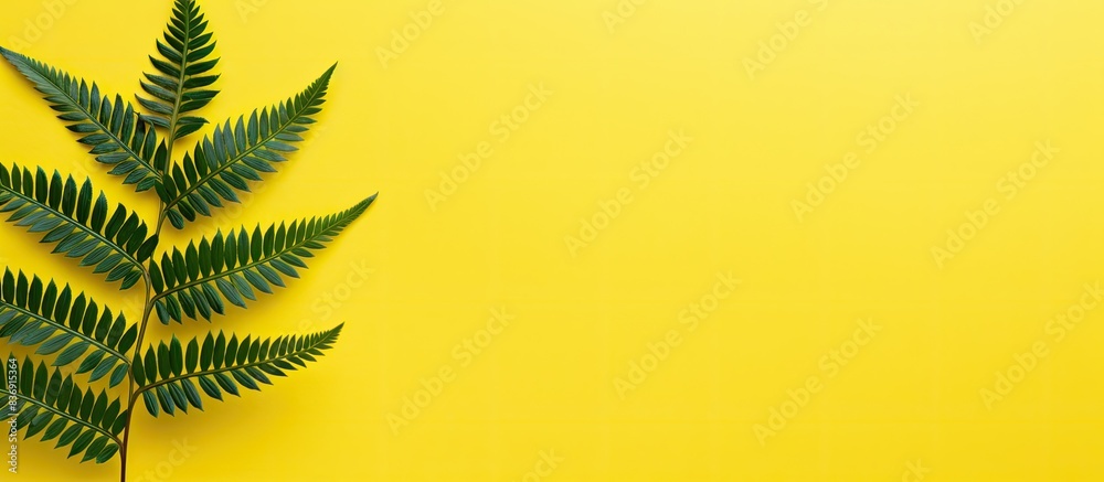 Aufkleber Top view flat lay of a fern on yellow paper background with ample copy space image.