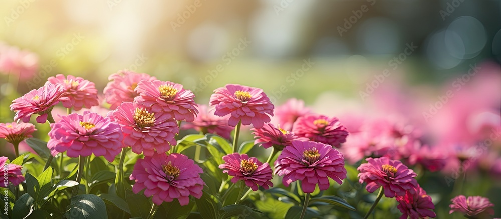 Poster pink zinnia flowers blossoming in a garden on a sunny day, creating a colorful display with copy spa