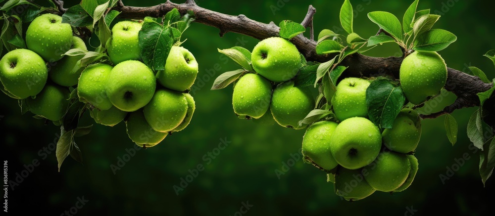 Poster an apple tree with green apples, showcasing young fruits hanging from a branch, with copy space imag
