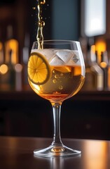 A glass of alcohol on a blurred background of a restaurant.