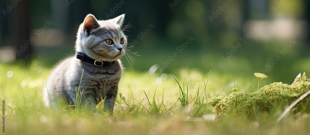 Poster a gray cat on a leash resting in the grass, with room for a copy space image.