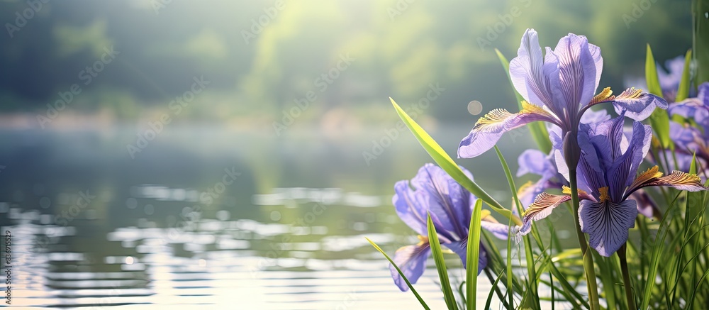 Poster Japanese iris in full bloom in the pond with a tranquil setting and a lot of copy space image for your design needs.
