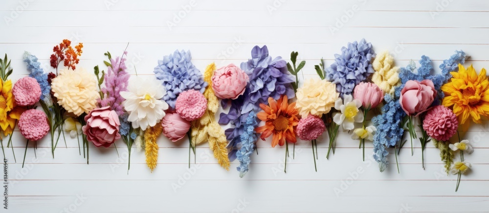 Poster flowers arranged on a white wooden surface, providing a blank space for inserting an image.