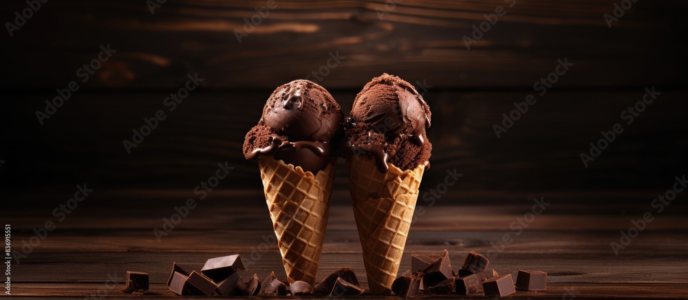 Poster double chocolate ice creams with black waffle cones displayed on a wooden surface with space for tex
