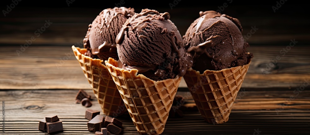 Poster double chocolate ice creams with black waffle cones displayed on a wooden surface with space for tex