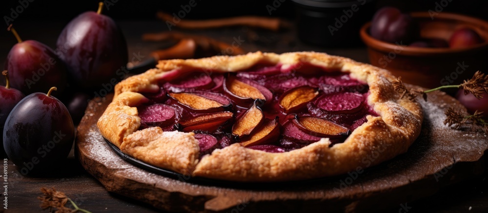 Poster plum galette: a rustic open pie with a plum crust and a vegan, vegetarian autumn dessert, featuring 