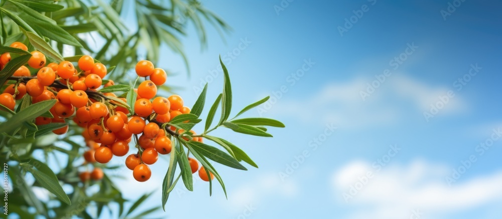 Aufkleber sea buckthorn branch with berries and green leaves against a backdrop of grass and sky, perfect for 