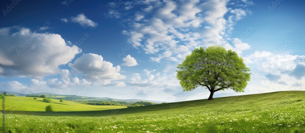Poster scenic landscape with a blue sky, beautiful clouds, and a tree-filled meadow, suitable as a backgrou