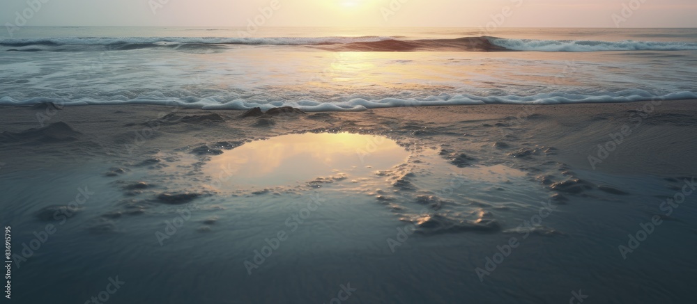 Poster a puddle of water on sandy beach with a clear 'copy space image'.