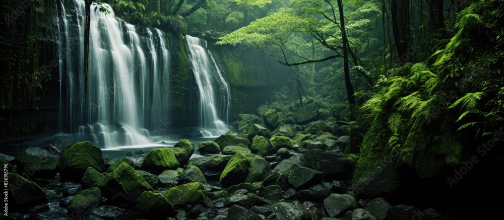 Poster scenic waterfall cascading over rock formation in lush rainforest setting with copy space image.