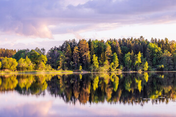 Beautiful view of the calm lake water, mirroring the forested shore at sunset. Sweden.