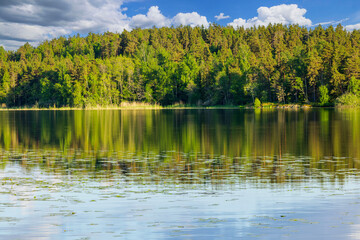 Gorgeous landscape with a mirrored reflection of the forest in the calm waters of the lake against a backdrop of blue sky with white clouds. Sweden.
