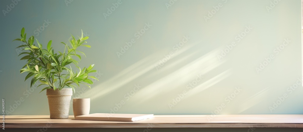 Poster desk with a green plant and a springtime window, featuring ample copy space image.