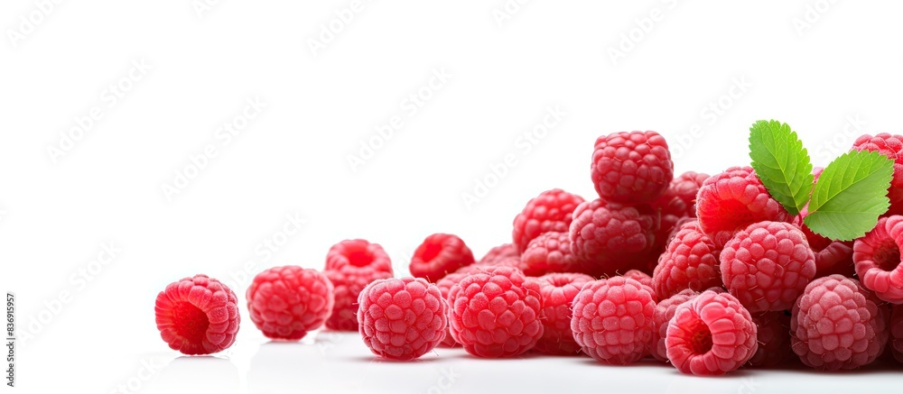 Poster Red raspberry candies displayed on a white background with copy space image.