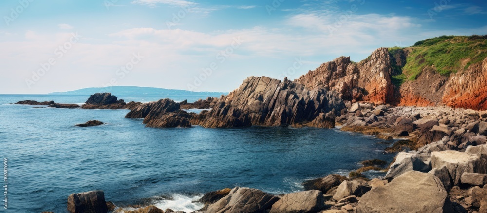 Poster The rocks along the coastline create a scenic backdrop with copy space image.