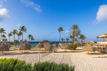 Spectacular view of the hotel's sandy beach with sun loungers, sunshades, palm trees, and...
