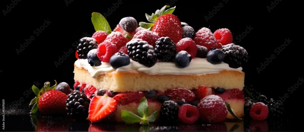 Poster cake topped with fresh berries, against a black backdrop, with room for text or graphics in the imag