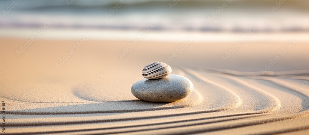 Aufkleber A patterned stone on the beach stands out against a beautiful backdrop of smooth sand, providing a calming and tranquil copy space image.