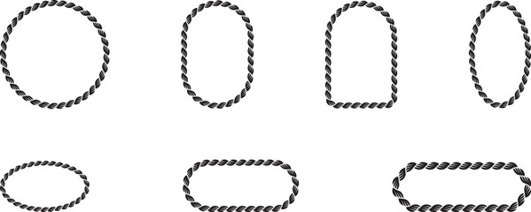 Set of Rope frames Borders of different geometric shapes. round, oval and square, hexagonal. Editable rope frame border isolated on white background. © Zain