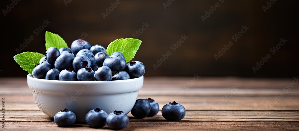 Poster Close up image of fresh blueberries in a small bowl on a wooden table with copy space image.