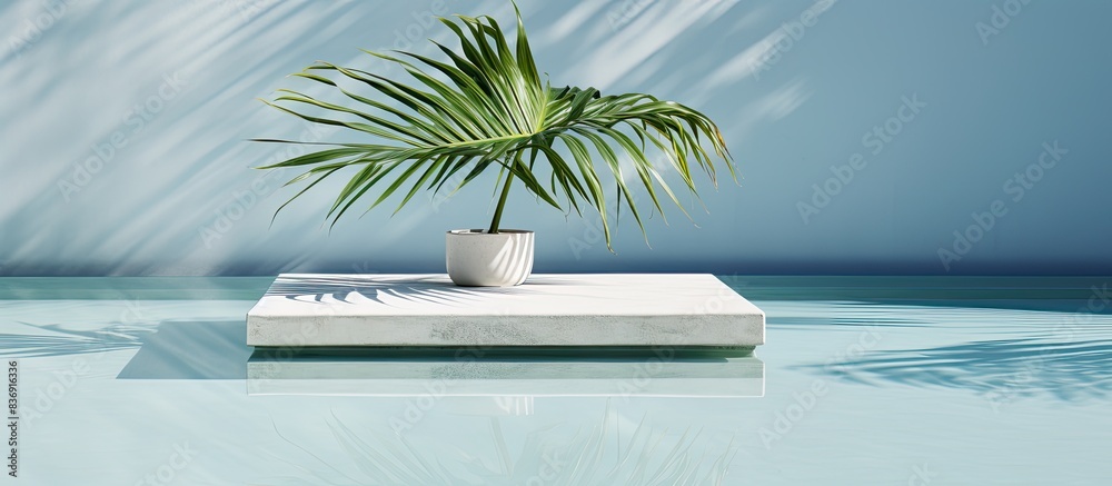 Poster marble podium in a pool with palm shadow is a summer-themed luxury product placement setting - ideal