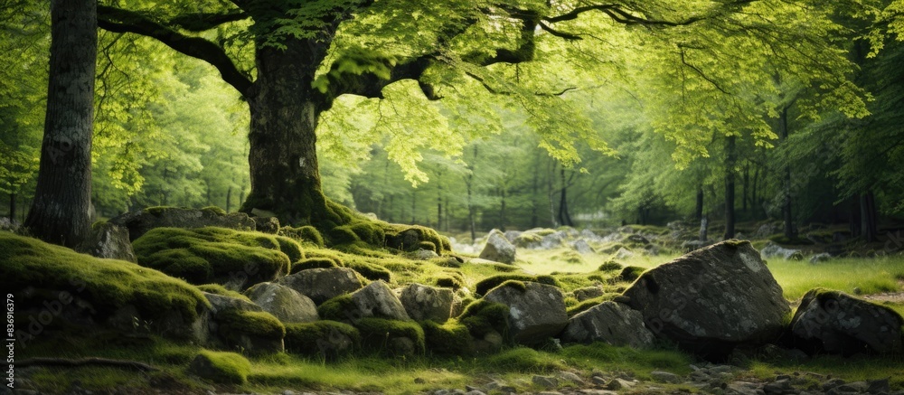 Poster Tree with the moss provides a serene forest setting; it features green vegetation and a peaceful ambiance, ideal for a copy space image.