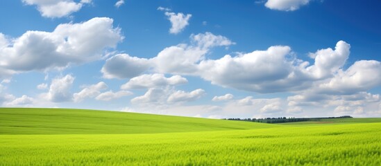 A serene landscape under a picturesque blue sky with fluffy white clouds floating above vibrant green and yellow fields, ideal for a copy space image.
