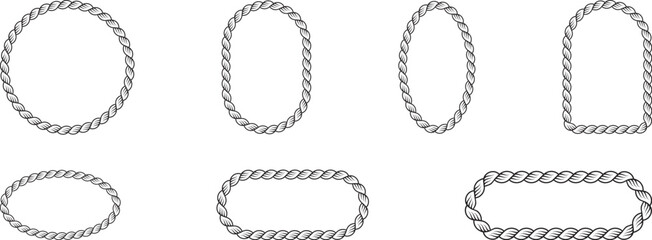 Set of Braided Rope frames Borders of different geometric shapes. round, oval and square, hexagonal. Editable rope frame border isolated on white background.