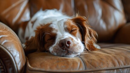 A white and brown dog sleeping on the sofa.