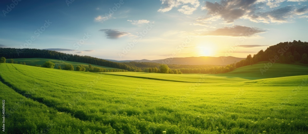 Poster Sunset light illuminating a lush green field landscape with ample copy space image.