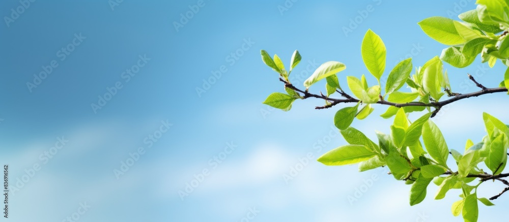 Poster springtime brings a vibrant green branch with fresh leaves, creating a picturesque scene against a b