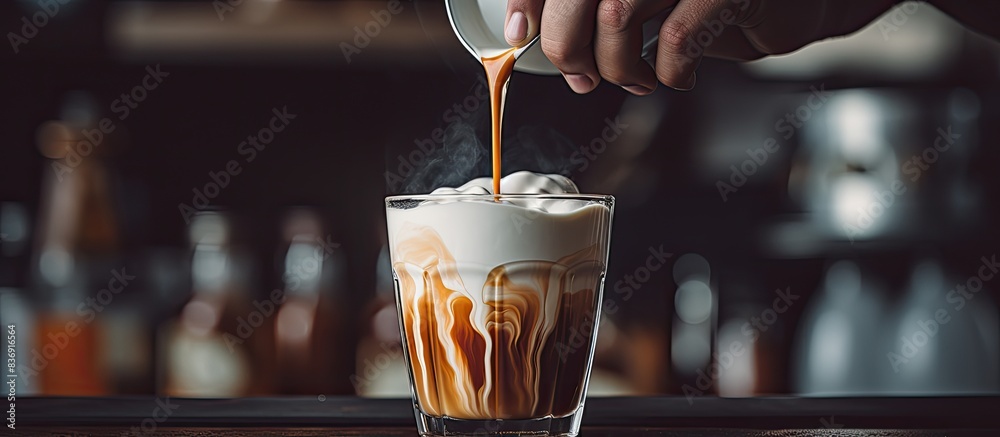 Poster barista pouring coffee into a cup of iced milk in a coffeehouse setting with a copy space image.