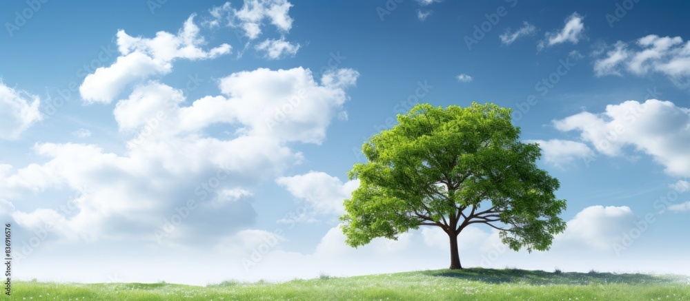 Poster A big tree in a garden under a blue sky with fluffy white clouds in the background displaying ample copy space image.