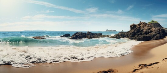 Obraz premium Sandy beach with rocks and waves, suitable for a copy space image.