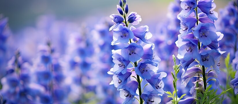 Garden displaying a fresh Delphinium flower with copy space image.