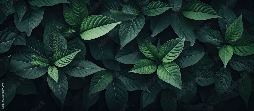 Poster vintage dark green leaves closeup with a vignette, offering a striking texture in a captivating copy