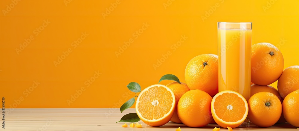Poster fresh and delicious oranges and orange juice, displayed in a vibrant copy space image.