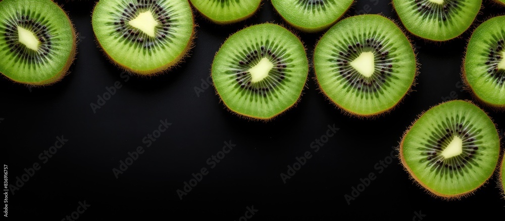 Aufkleber Kiwi pattern with slices arranged in a top view on a black background, showcasing a minimal flat lay concept with copy space image.