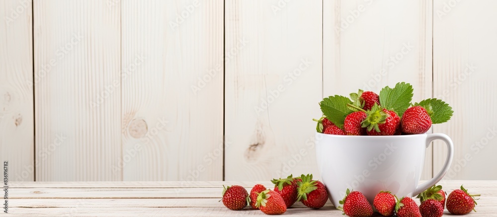 Poster wild strawberry in a white cup on a wooden background, creating an inviting copy space image.