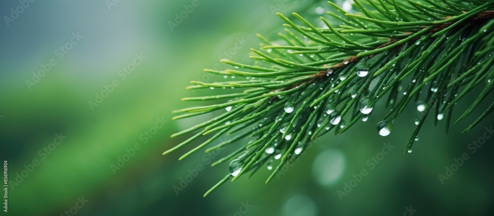 Poster Close-up shot of raindrops and dew on a coniferous branch with selective focus, ideal for a picture with copy space image.