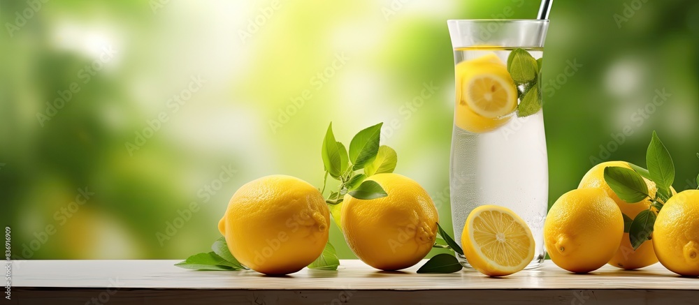 Poster refreshing lemon water with fresh lemons and lush green plants, perfect for a tranquil setting with 