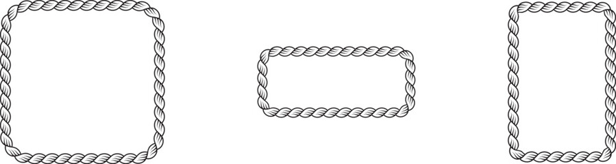 Set of Braided Rope frames Borders of different geometric shapes. round, oval and square, hexagonal. Editable rope frame border isolated on white background.